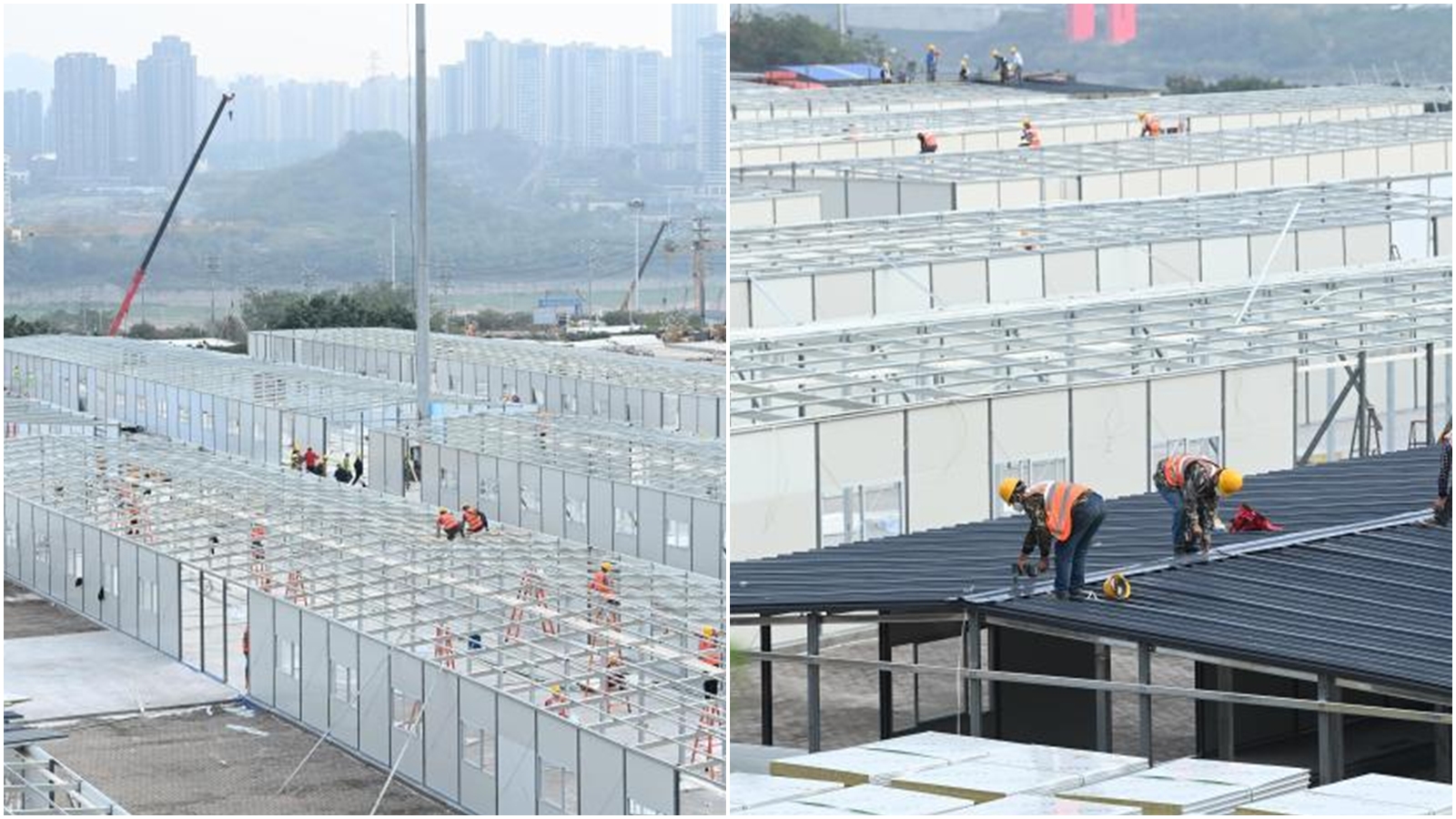 重慶正動員人手每天24小時連續施工，寸灘方艙醫院屆時可提供1萬6,750張床位。（翻攝自@中新社重慶分社）