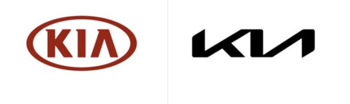 南韓KIA(起亞)汽車去年新LOGO上路,將原本「KIA」三個英文字並排的LOGO(左),改為將三個字連在一起的前衛設計。(翻攝推特)