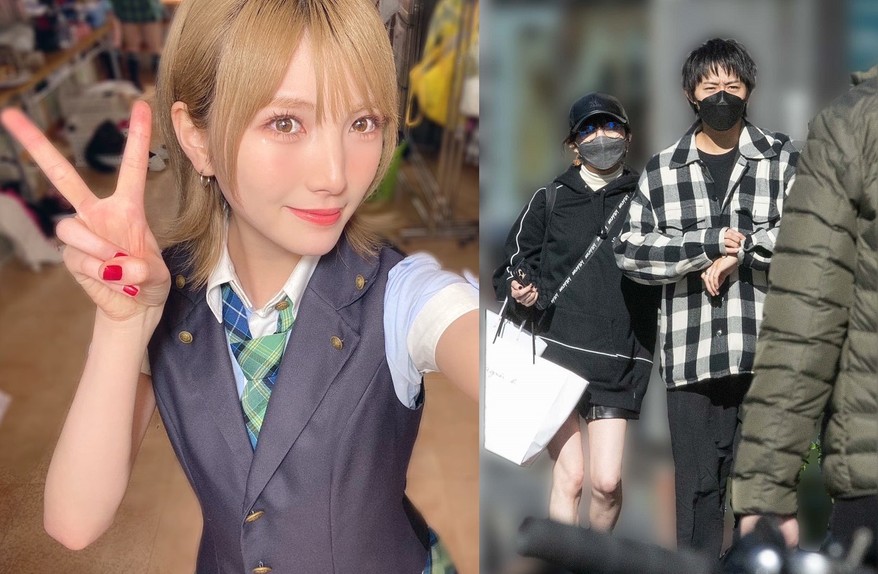 「AKB48」25歲人氣成員岡田奈奈（左圖）被爆與演員豬野廣樹（右圖右）戀愛ING，兩人還被拍到甜蜜牽手約會。（左圖翻攝自岡田奈奈Twitter，右圖翻攝自《週刊文春》）