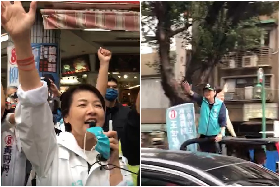 王世堅今（23）日在選區掃街時巧遇也在拜票的黃珊珊，雙方熱情揮手打招呼。
