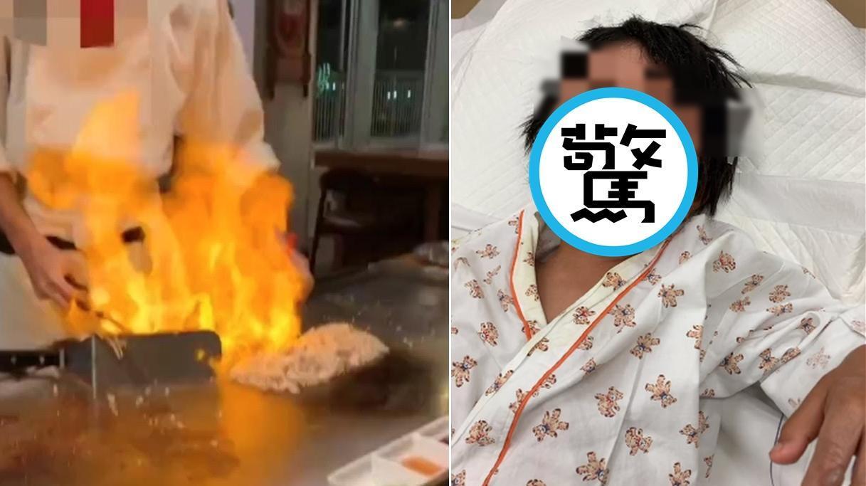 日本沖繩知名鐵板燒餐廳廚師表演桌邊點火秀時,竄出的火焰竟延燒到用餐顧客。(翻攝推特@takigare3)