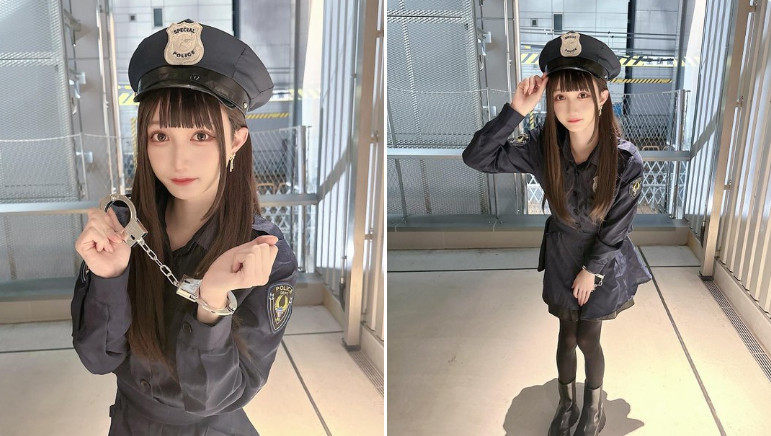 知名偽娘杉本陣扮成女警參加澀谷萬聖節活動。(翻攝推特@jin_1216)