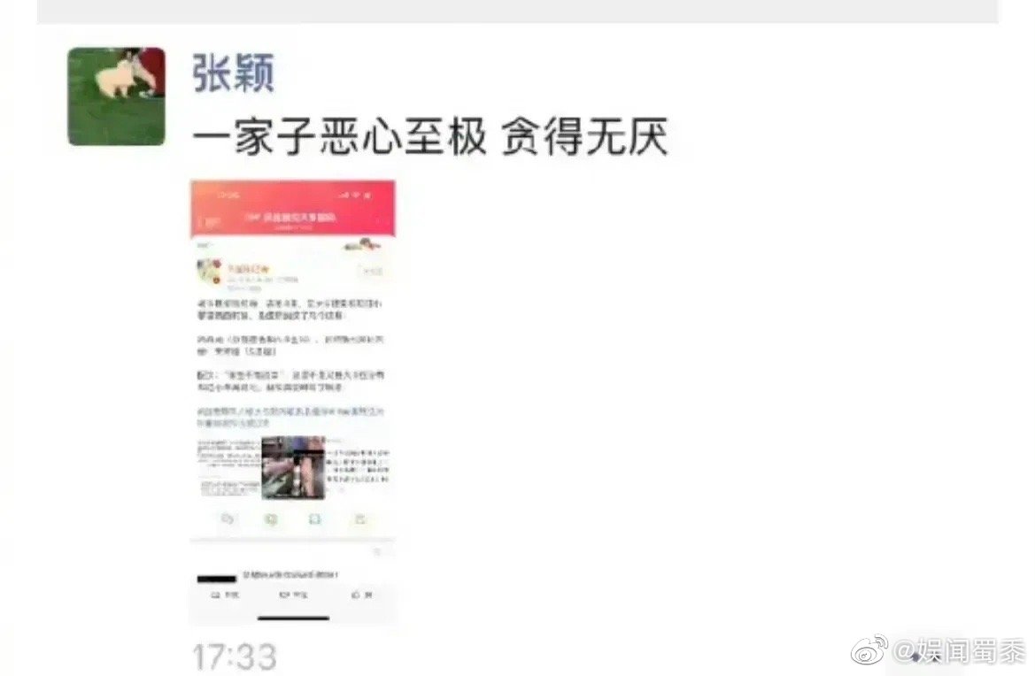 張穎穎疑似在微信朋友圈痛斥大S一家人貪得無厭。（翻攝微博）