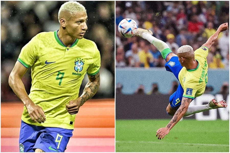 巴西前鋒理查利森梅開二度，第二球超狂的「側掛金鉤」讓熬夜看比賽的網友都大呼過癮。（翻攝自IG richarlison）