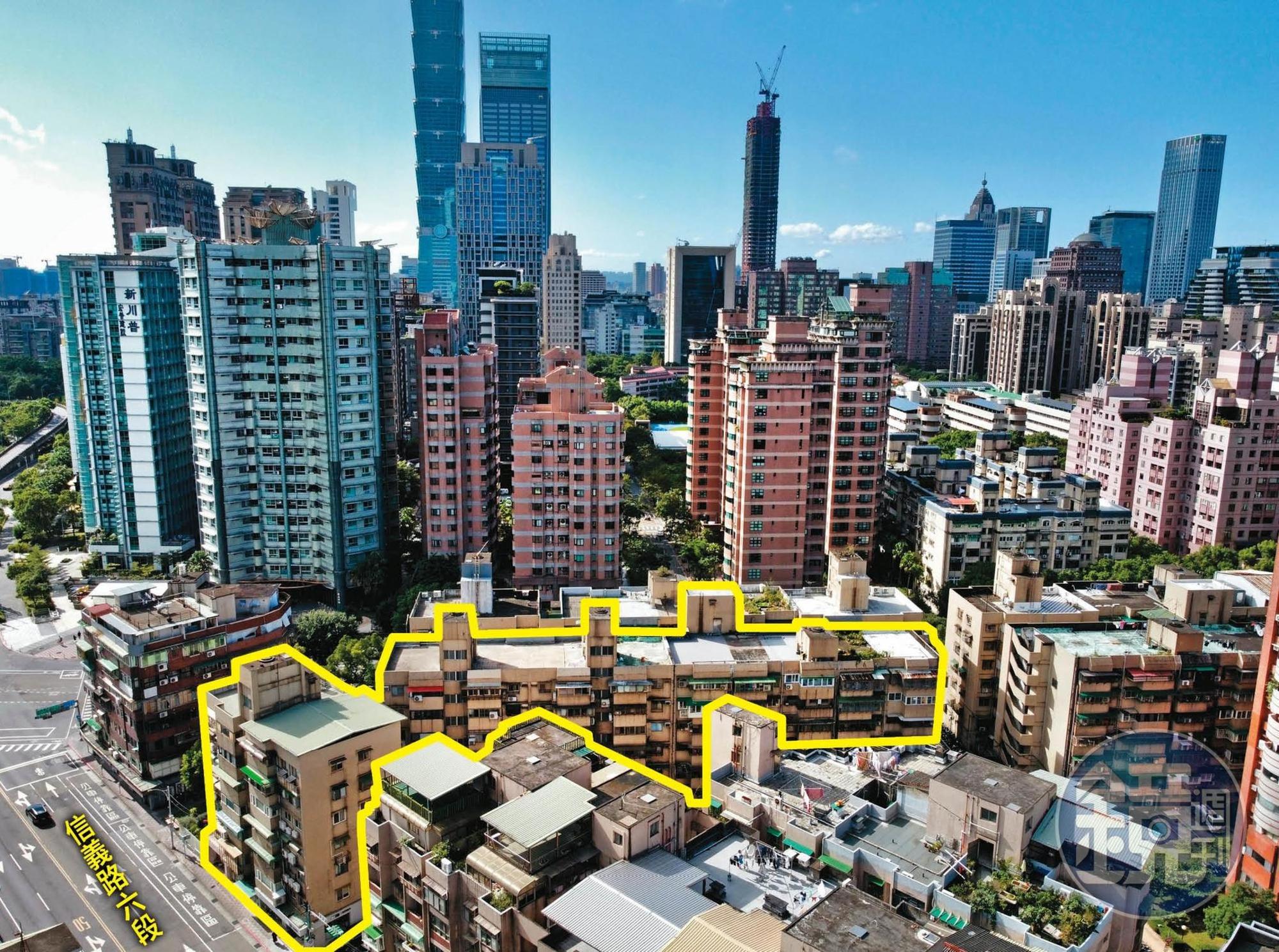 面積逾千坪的松德社區(黃框處),位於台北市信義區精華地段,都更利益十分龐大,預估超過40億元。