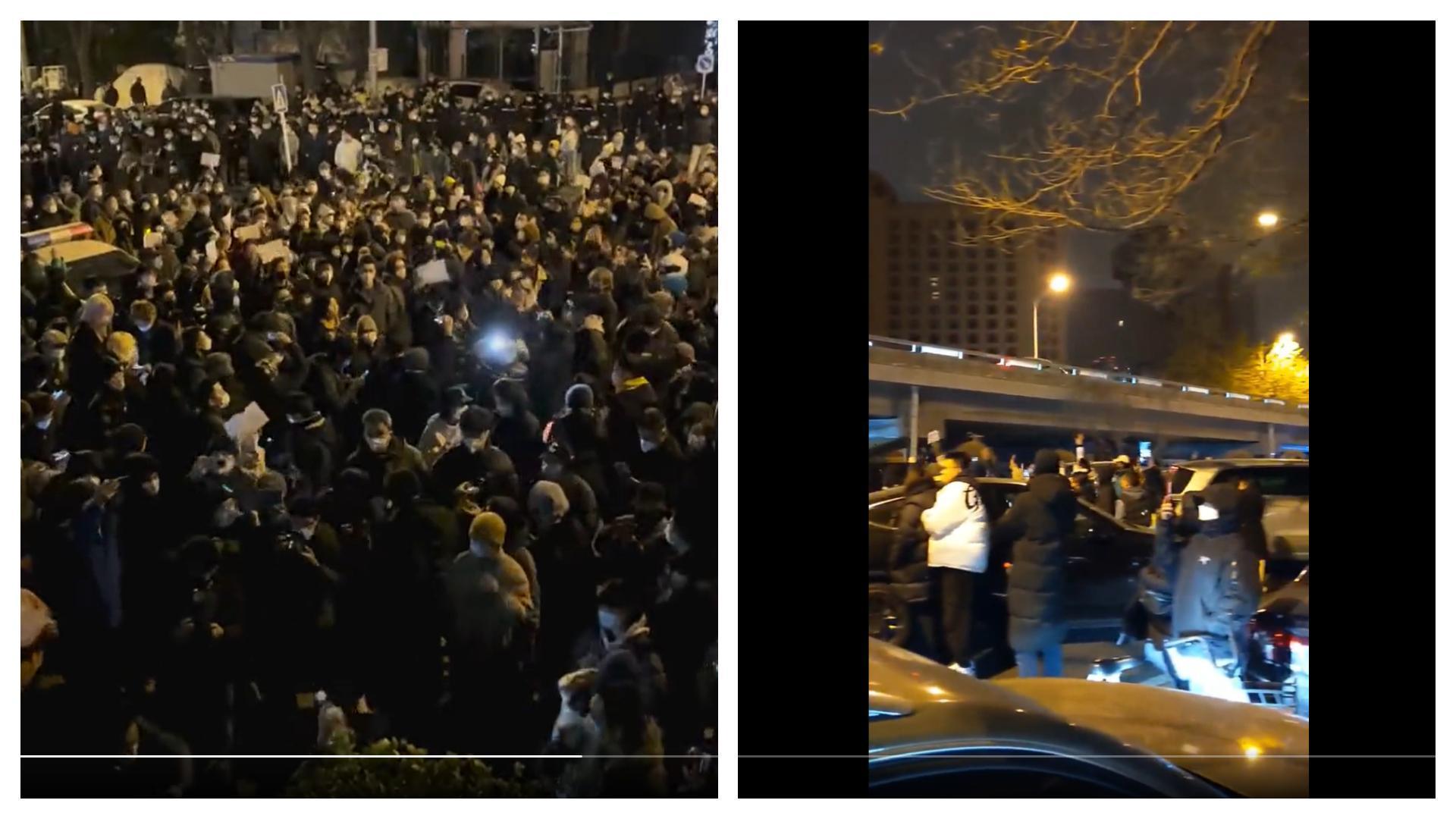 北京亮馬橋聚集眾多抗議人潮，有汽車路過時鳴笛表達聲援獲得在場人鼓掌。（翻攝自推特@whyyoutouzhele）