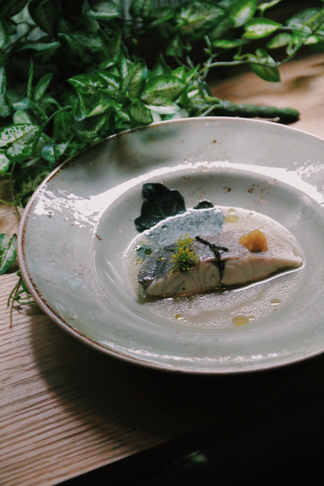 「Gin 海一杯」以酒入菜，清新酸香鳳梨果感呼應無花果葉香氣，魚肉細緻甘鮮。