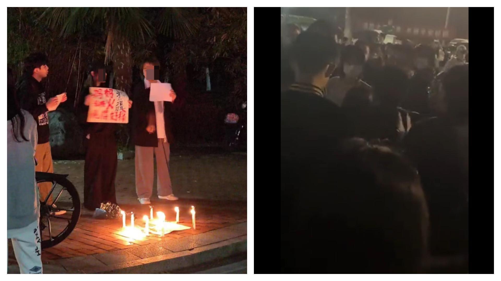 安徽建築大學有學生舉白紙示威,而浙江大學(右)則有學生阻止示威同學被帶走。(翻攝自推特@whyyoutouzhele)