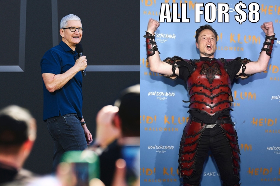 馬斯克（右）近來因為收購推特後的一連串改革鬧得沸沸揚揚，近日更槓上蘋果執行長庫克（左）。（翻攝自Tim Cook、Elon Musk推特）