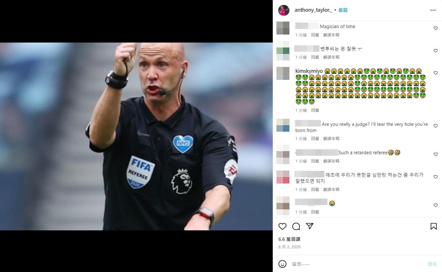 英國主審泰勒的IG底下出現許多網友的謾罵留言。(翻攝自Anthony Taylor IG)