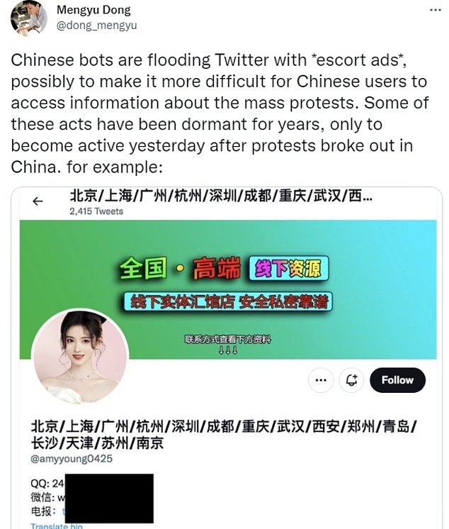 有網友發現，中國當局疑似故意用AV訊息灌爆推特，來「洗掉」白紙革命的相關訊息。（翻自《每日郵報》）