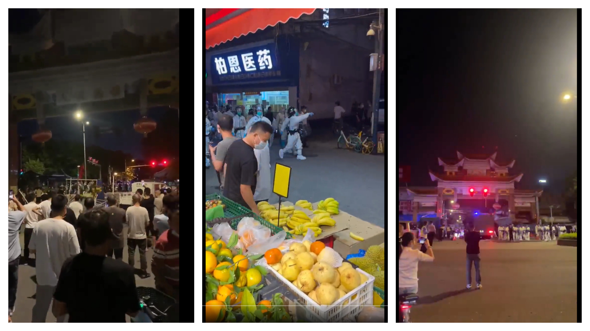 廣州民眾怒掀翻篩檢亭，結果不久之後就出現大量警察，還傳出有槍響。（翻攝自推特@whyyoutouzhele）