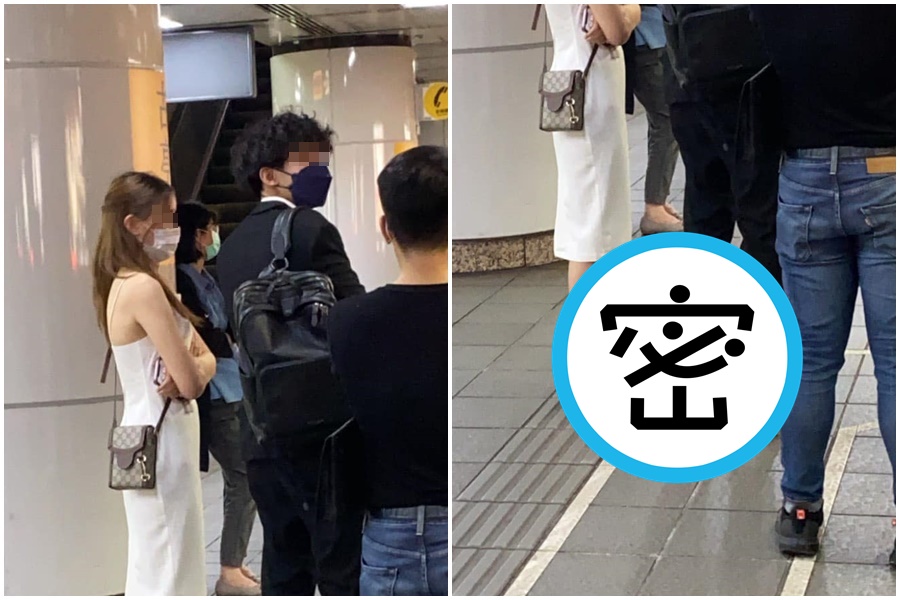 一對情侶在北捷等捷運,腳下卻意外成為亮點。(翻攝自臉書「路上觀察學院」)