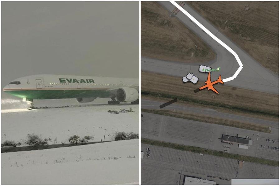 長榮航空一架波音777客機稍早飛往加拿大，抵達溫哥華機場因當地大雪能見度不佳，導致降落時滑出跑道。（翻攝自推特）