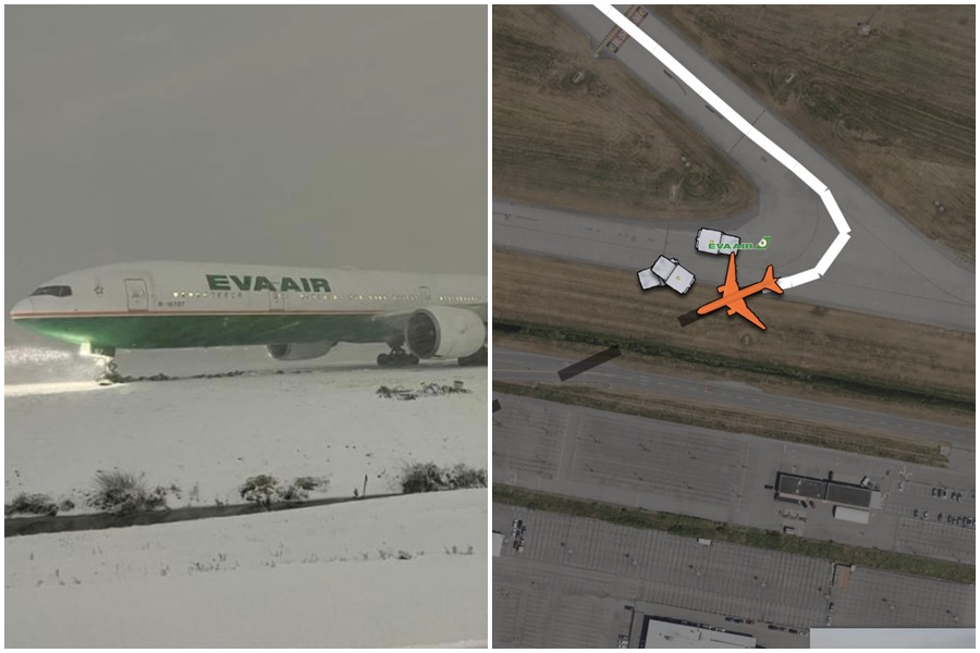 長榮航空一架波音777客機稍早飛往加拿大，抵達溫哥華機場因當地大雪能見度不佳，導致降落時滑出跑道。（翻攝自推特）
