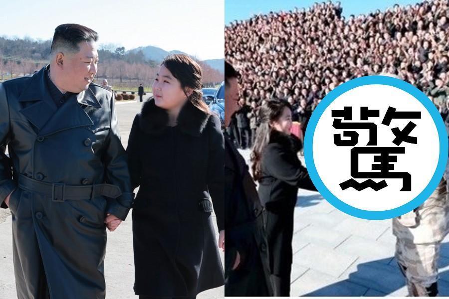 金正恩(左圖左)近日頻頻曝光二女兒金主愛(右),甚至金主愛還和北韓官員握手(右圖)。(翻攝自《朝鮮中央通訊社》、朝鮮中央TV)