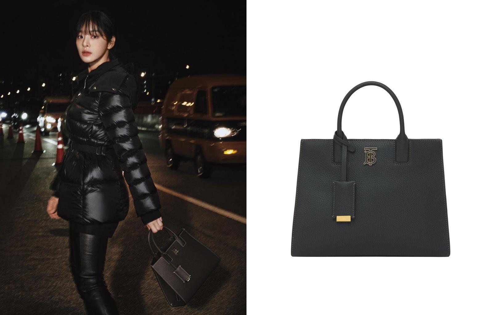 薛仁雅以一身酷黑裝扮手拎黑色粒面皮革迷你Frances包。NT$85,000(BURBERRY提供)