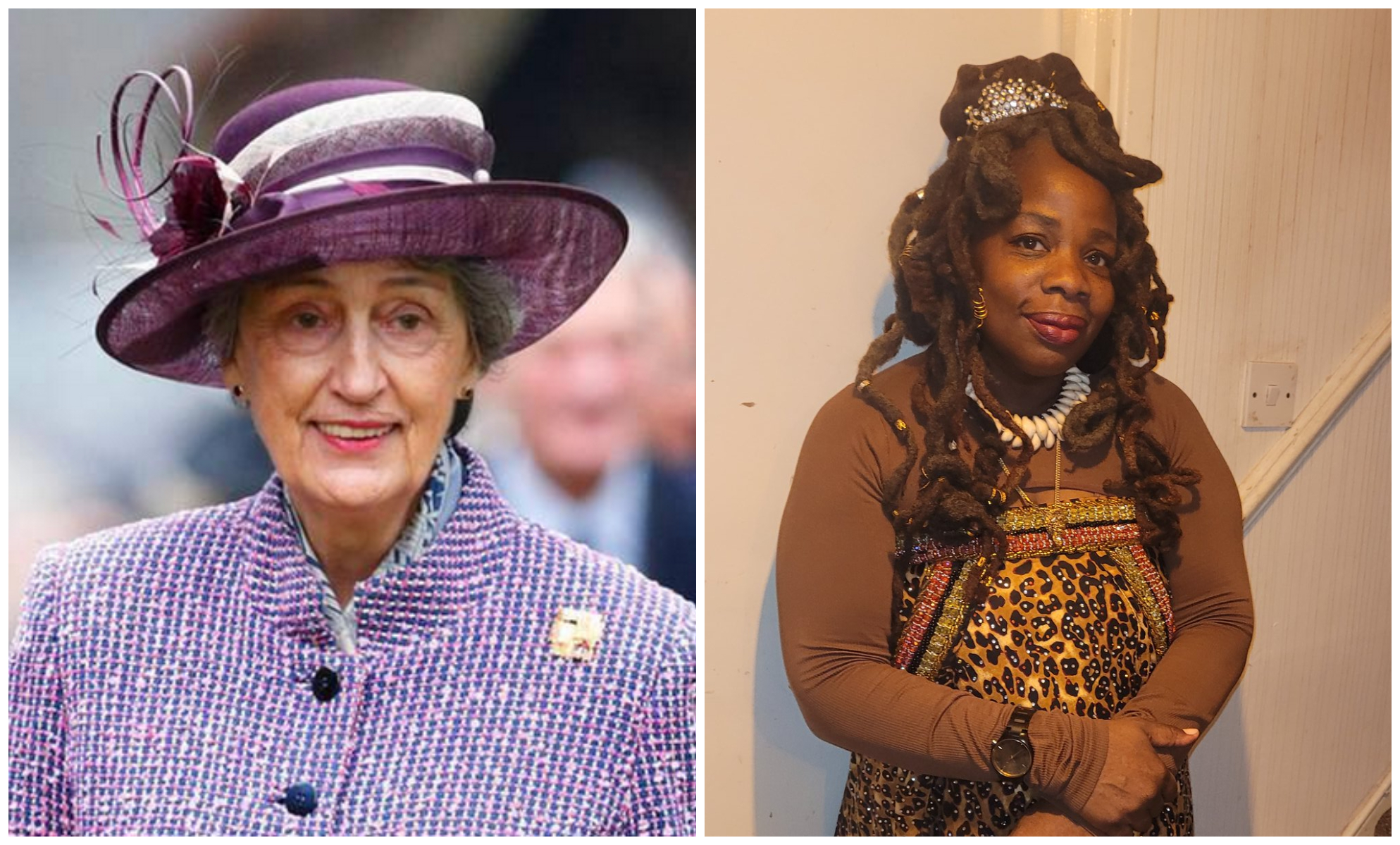 赫希夫人（左圖）在白金漢宮酒會上追問黑人社會運動家富拉尼（右圖）「打哪來」，令對方深感冒犯，被控種族歧視。（翻攝推特）