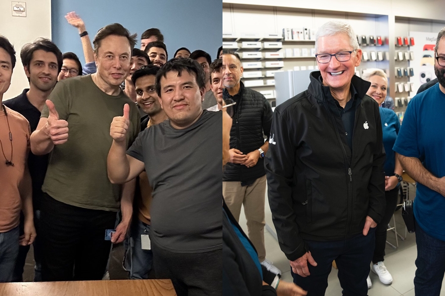 馬斯克（左圖中）一度點名庫克（右）指控蘋果要下架推特，不過近日稱是誤會。（翻攝自Elon Musk、Tim Cook Twitter）