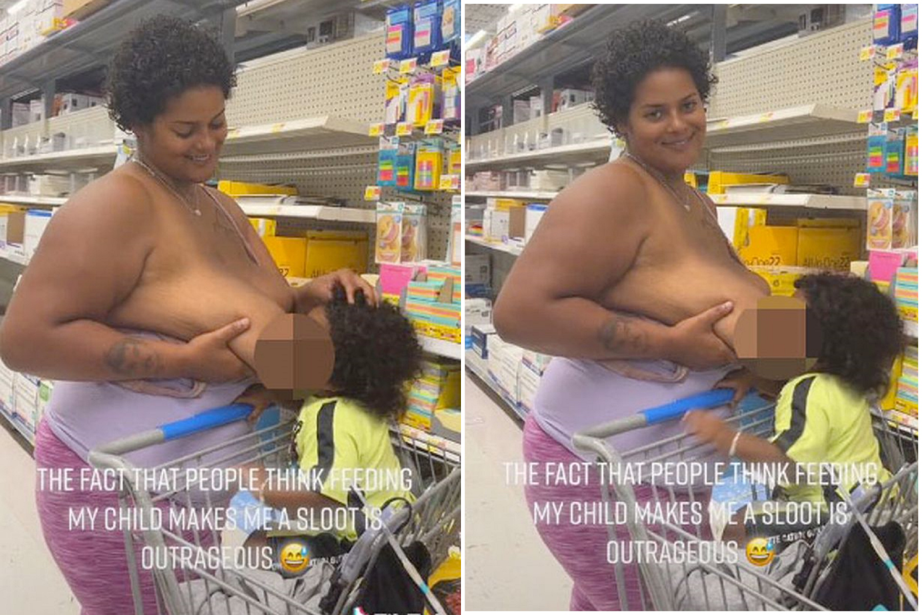 媽媽在超市展母愛，當眾放開「波霸奶」對孩子哺乳！網友熱議。（翻自TikTok）
