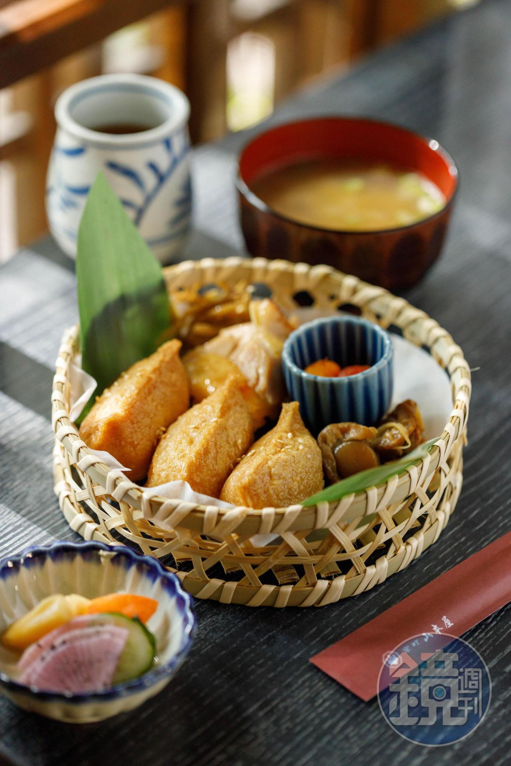 「稻荷壽司套餐」特別使用京都的長形的豆皮壽司。（380元／份）