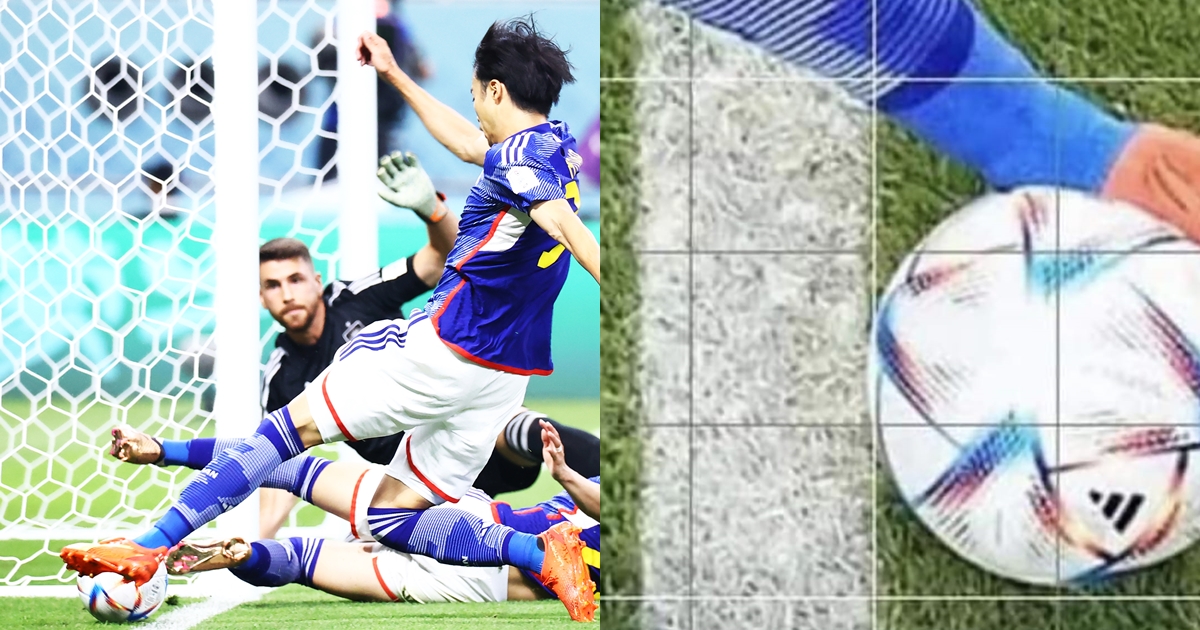 日本隊三笘薰在助攻時疑似出界，經過VAR判定未出界。（翻攝自推特@jfa_samuraiblue、石明謹臉書）