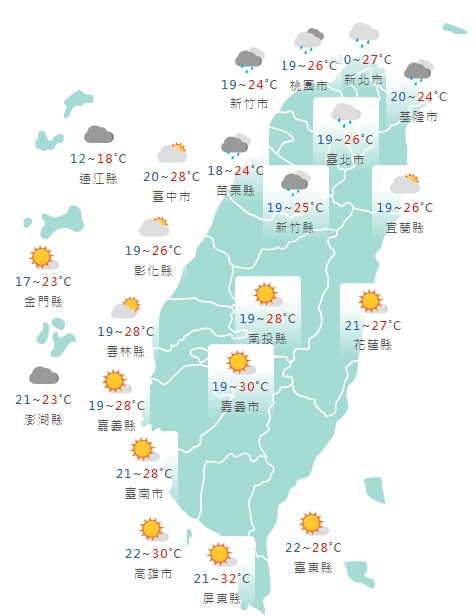 全台各地白日天氣一覽。(中央氣象局提供)