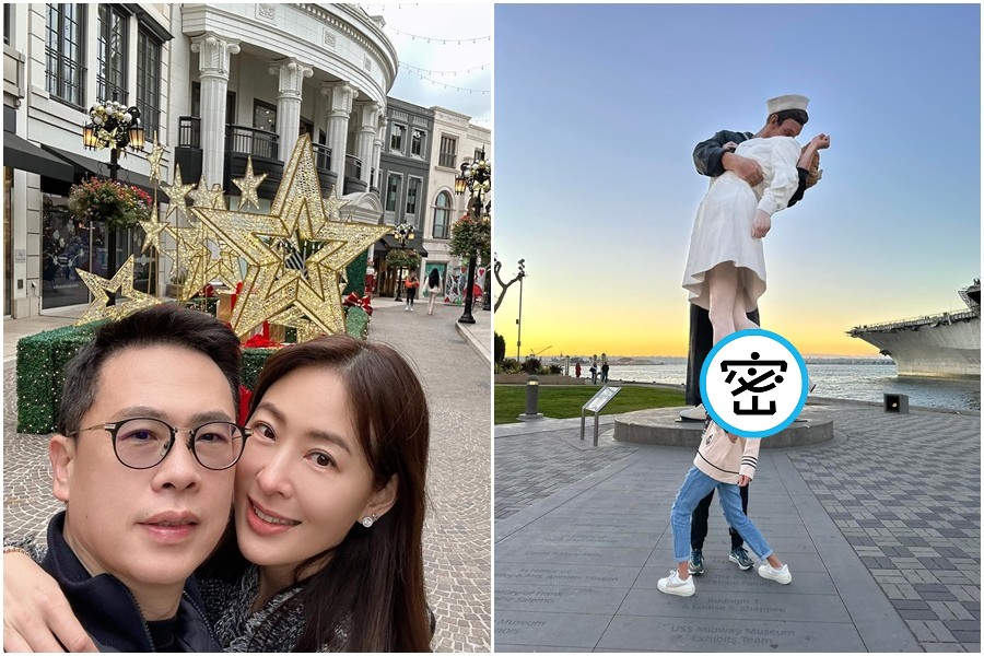 賈永婕日前和老公飛到美國找女兒順便旅遊，夫妻倆在美國聖地牙哥「勝利之吻」巨大雕像前放閃打卡。（翻攝自賈永婕的跑跳人生臉書）