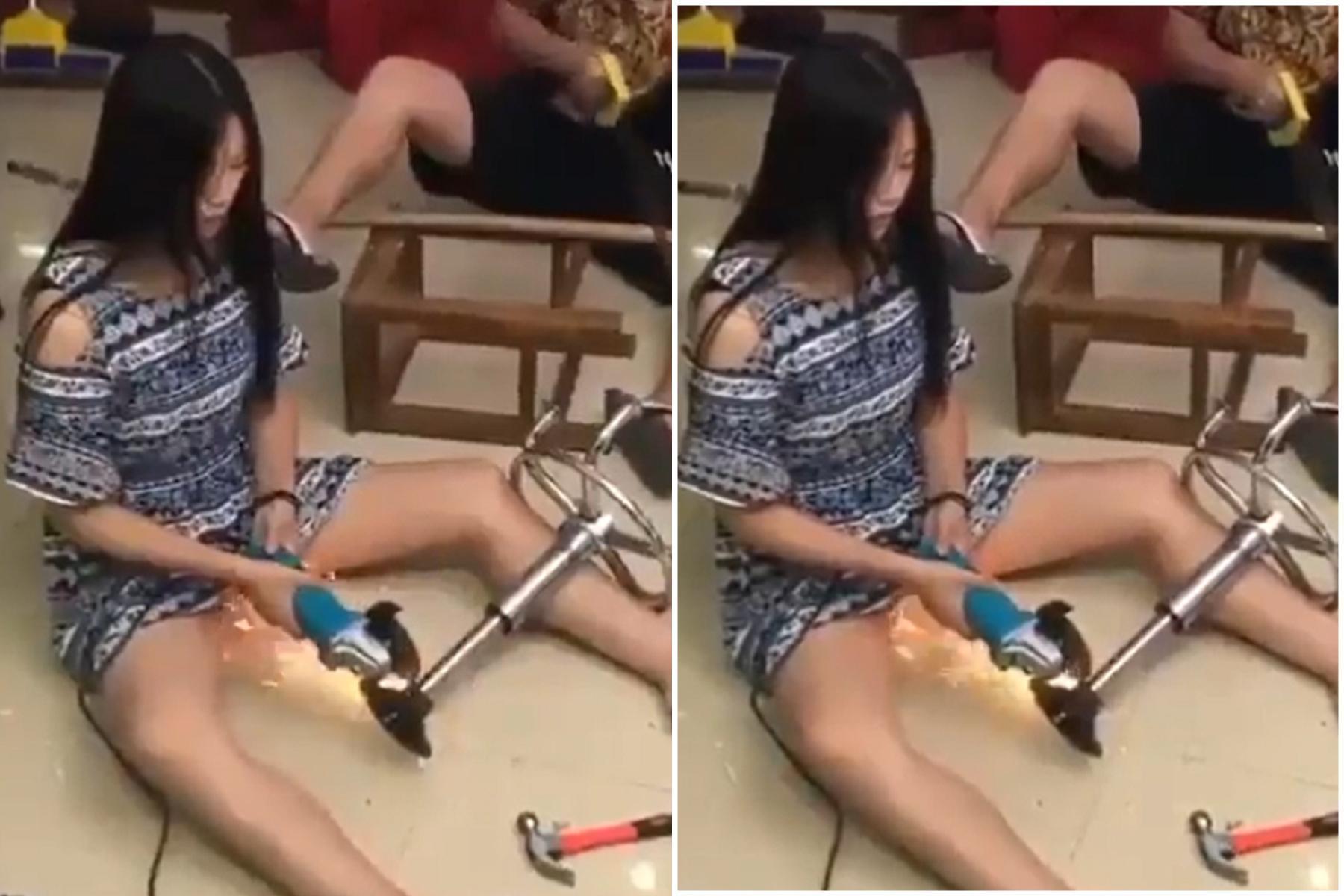 厲害了正妹！工業打磨噴火光直射下體，網友驚呆「烤窯燒穴」。（翻自推特）