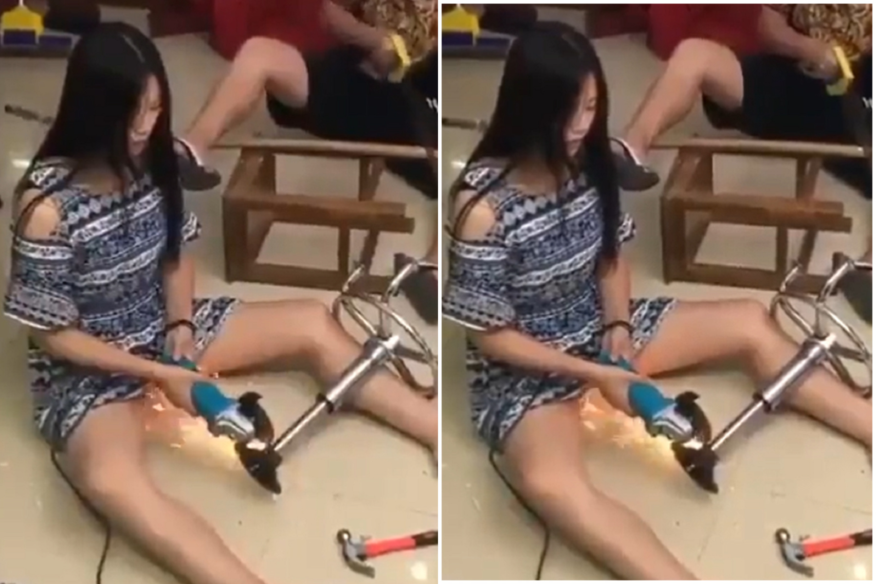 厲害了正妹！工業打磨噴火光直射下體，網友驚呆「烤窯燒穴」。（翻自推特）