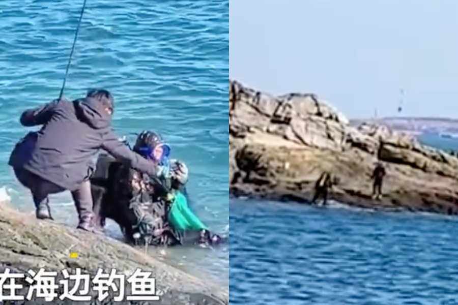 中國青島一名潛水員不慎被釣客釣上岸兩次，讓網友都笑瘋了。（翻攝自微博）