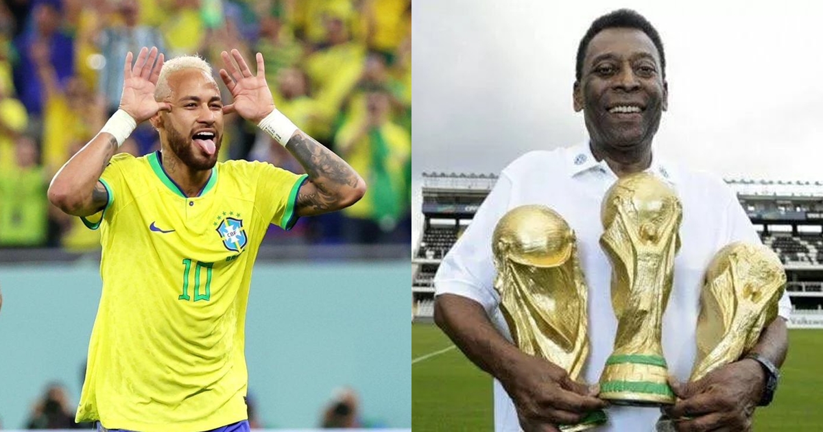 內馬爾（左）在16強淘汰賽中踢進生涯第76球，差1球就追平球王比利（右）的紀錄。（翻攝自推特@FabrizioRomano、IG@pele）