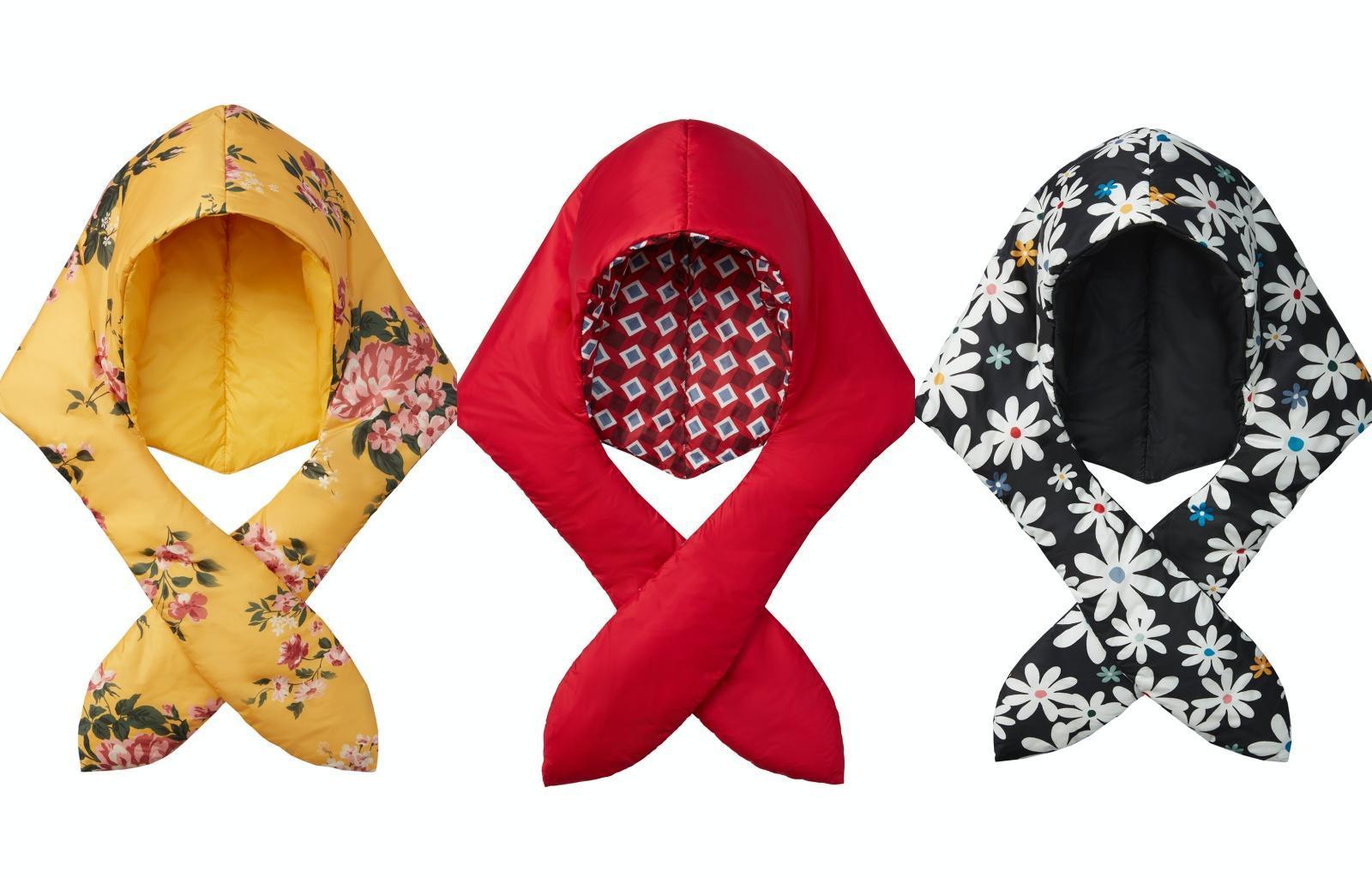（左起）Olivia Head Scarf 雙面羽絨頭巾水仙花圖騰、 Arcade菱形幾何、雛菊印花。各NT$6,000（Canada Goose提供）