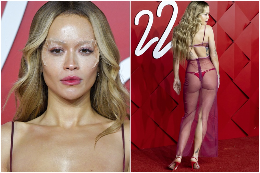 芮塔歐拉臉上貼了模仿魚鱗的外框（左），遮住眉毛。芮塔歐拉僅用薄紗罩住比基尼式設計的服裝，就這樣走上紅毯（東方IC）