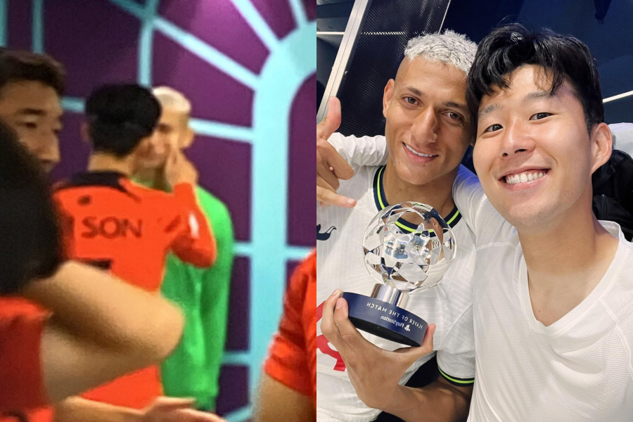 孫興慜（右圖右）和理查利森 （右圖左）是英超熱刺隊的隊友，在世足賽上碰頭也被捕捉到有趣的捏臉畫面（左）。（翻攝自Twitter、孫興慜IG）