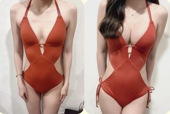 人妻貼上手術前後穿泳裝對比照,術後穿比基尼明顯有爆乳效果。(翻攝《Dcard》)