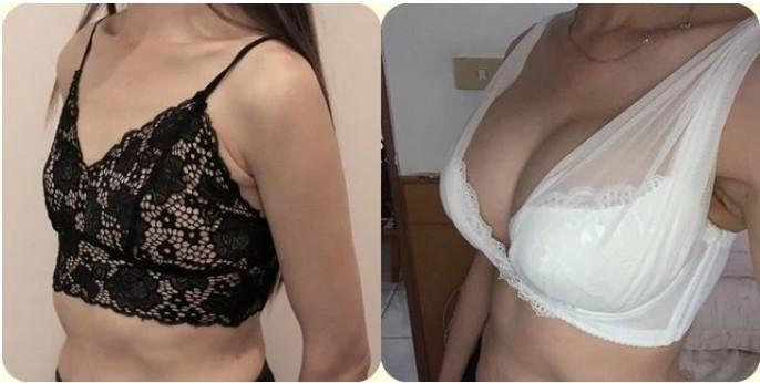 人妻分享婆婆隆乳手術前後對比照片,原本穿內衣胸前扁平,術後胸部罩杯躍升,十分豐滿。(翻攝《Dcard》)