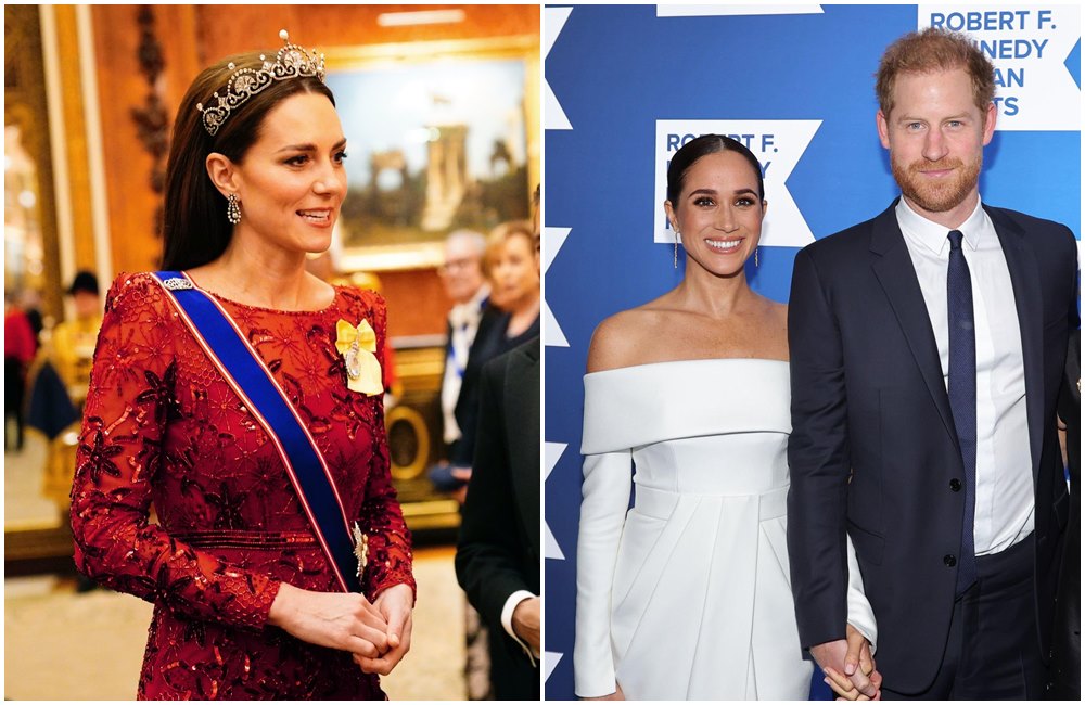 凱特王妃（左圖）穿一身紅參加白金漢宮外交晚宴，哈利與梅根（右圖）同一天在紐約參加頒獎典禮。（翻攝The Royal Famil臉書、@TvKhaleesi推特）