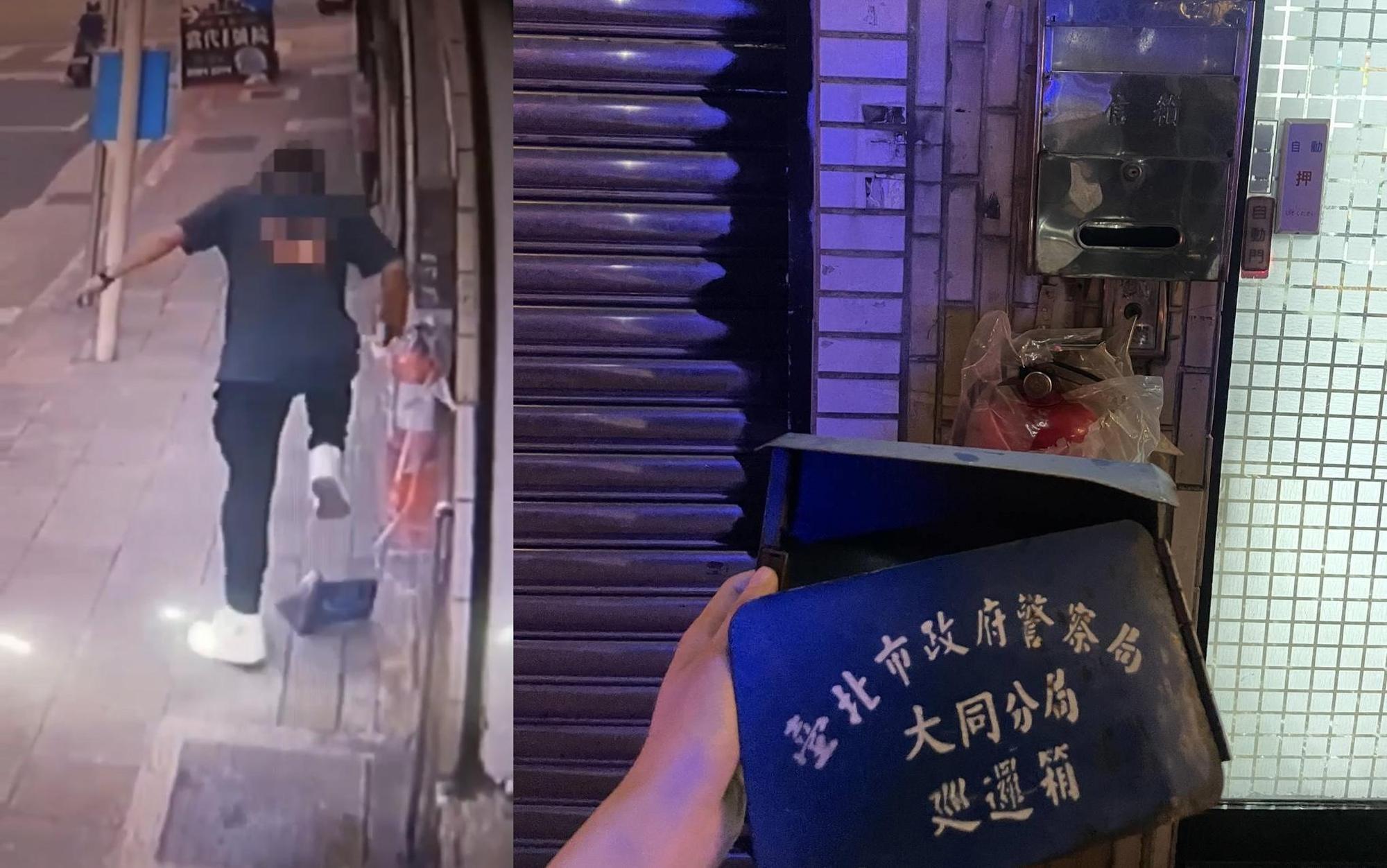 謝男徒手將巡邏箱拆下,扔在地上奮力踩踏,被破壞的巡邏箱實體箱體已不堪使用。(翻攝畫面)