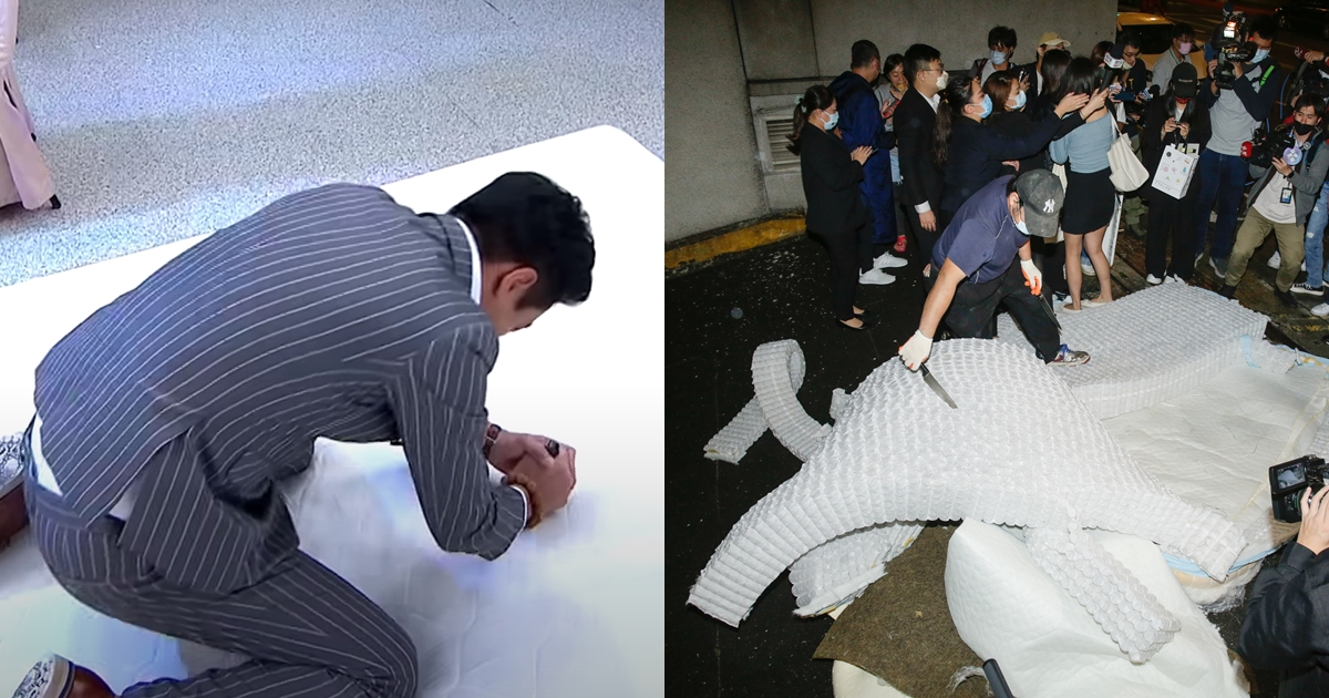 《一家團圓》上演割床墊戲碼（左），演出大S、汪小菲的床墊之亂（右）。（翻攝自NewShowBiz完全娛樂 YouTube、本刊資料照）