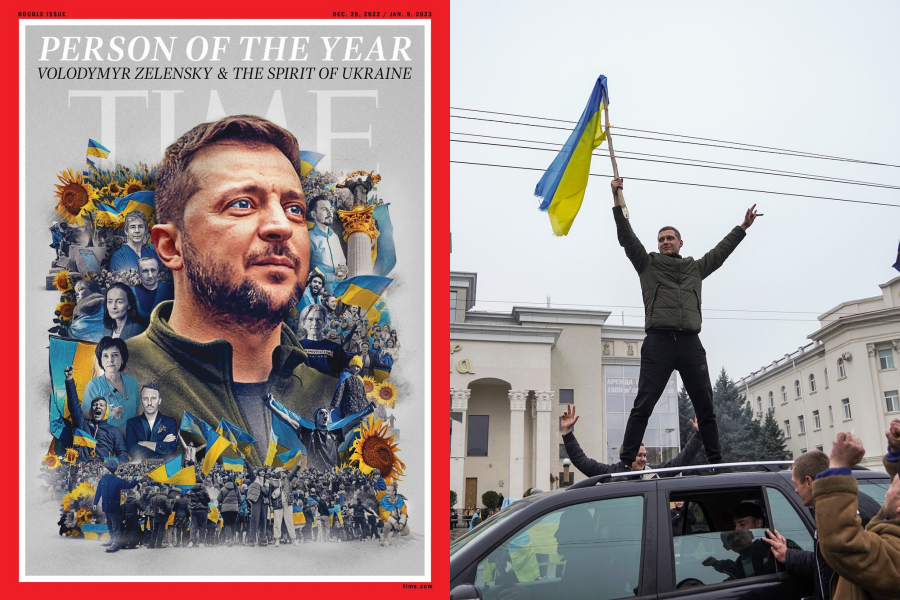 《時代》雜誌2022年度風雲人物出爐，由烏克蘭總統澤倫斯基（左）與「烏克蘭精神」獲得。（翻攝自《時代》雜誌、澤倫斯基臉書）