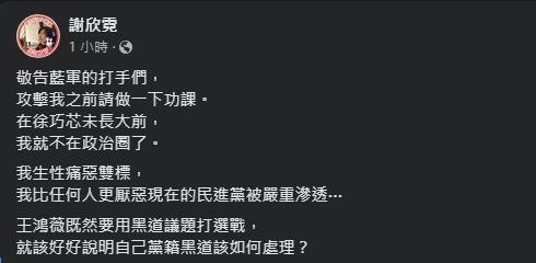 謝欣霓昨暗諷王鴻薇遭恐嚇是藍營自導自演，結果嫌犯落網後至今仍未道歉。（翻攝自謝欣霓臉書）