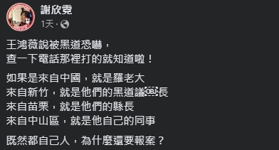 謝欣霓認為自己的猜想只是假設，重點仍是國民黨要先交代黨內具有黑道背景的人士。（翻攝自謝欣霓臉書）