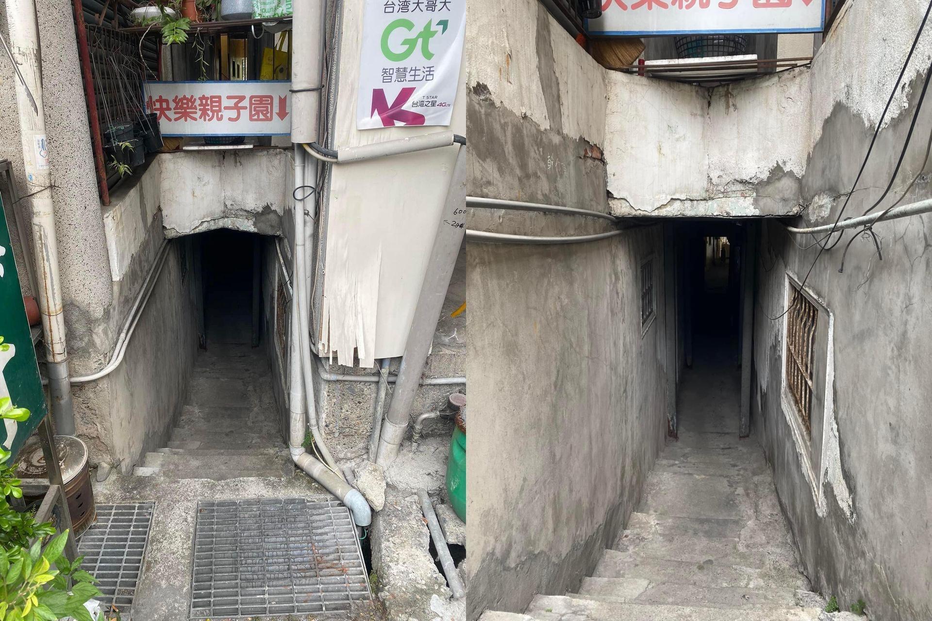 一個招牌上寫著「快樂親子園⬇️」的地道照片引起熱議，地點曝光位於南投水里。（翻攝自路上觀察學院）