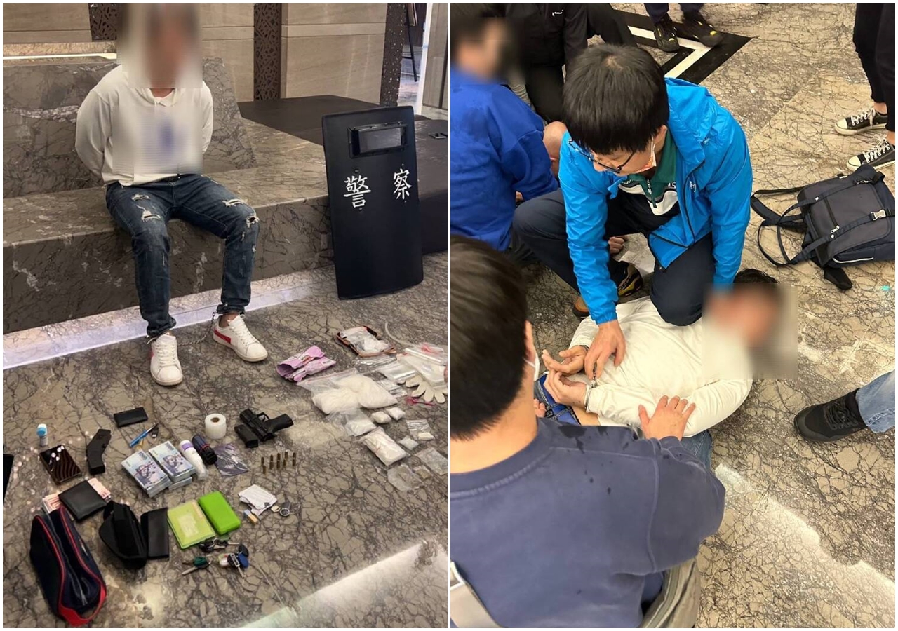 幹員在永豐棧大廳電梯口壓制羅男，讓對方沒機會拔槍反抗，後來從他身上被搜出大筆現金與手槍。（警方提供）