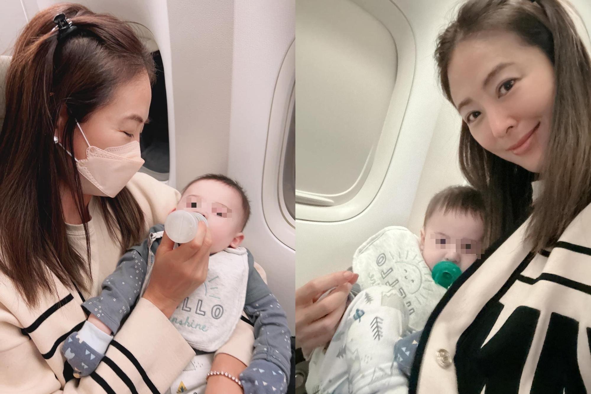 賈永婕在飛機上當起保姆，餵奶、哄睡樣樣來。（翻攝賈永婕臉書）