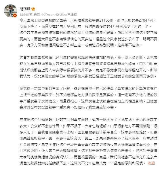 胡錫進質疑中國官方通報染疫數據嚴重失真。(翻攝自胡錫進微博)