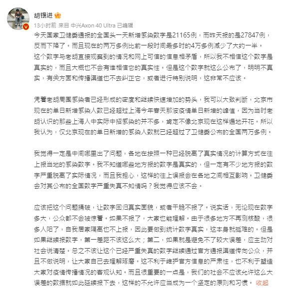 胡錫進質疑中國官方通報染疫數據嚴重失真。（翻攝自胡錫進微博）