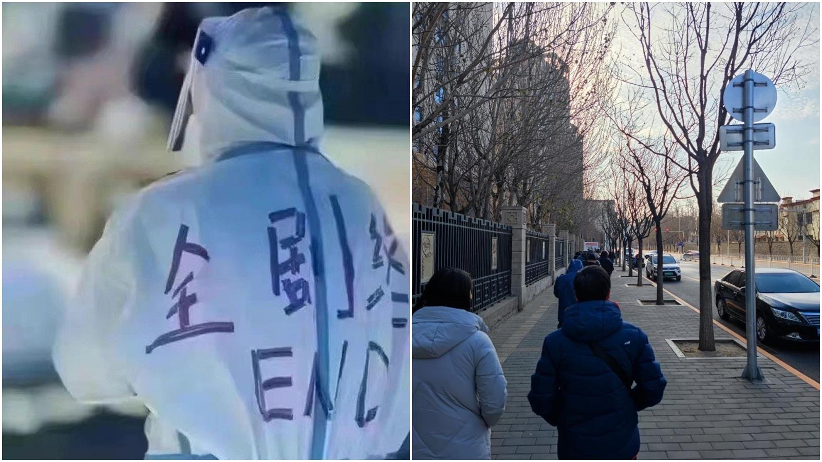 中國疫情遍地開花,然而中國官方通報數據卻持續下降,引發外界質疑;右圖為中國網友曝光9日排隊做篩檢。(翻攝自微博@山人、北京人應該知道的北京事)