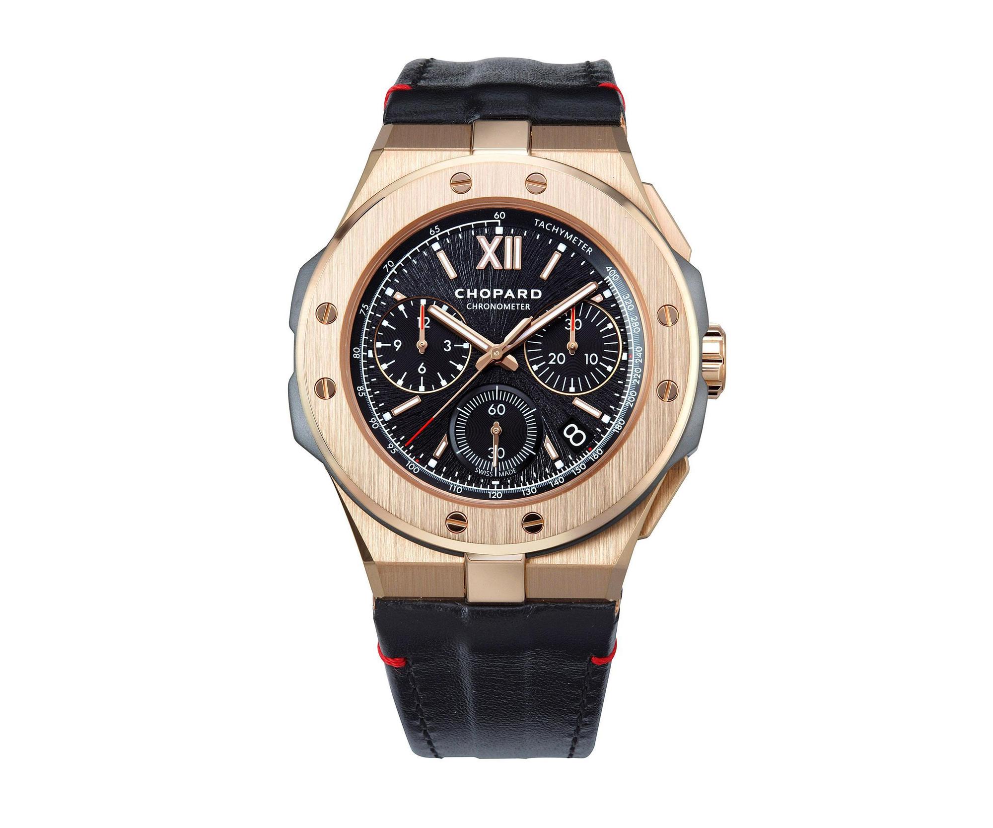 蕭邦Alpine Eagle XL Chrono，44mm玫瑰金及陶瓷鈦金屬錶殼，裝載Chopard 03.05-C型飛返功能自動上鍊計時機芯，獲瑞士官方天文台認證。
